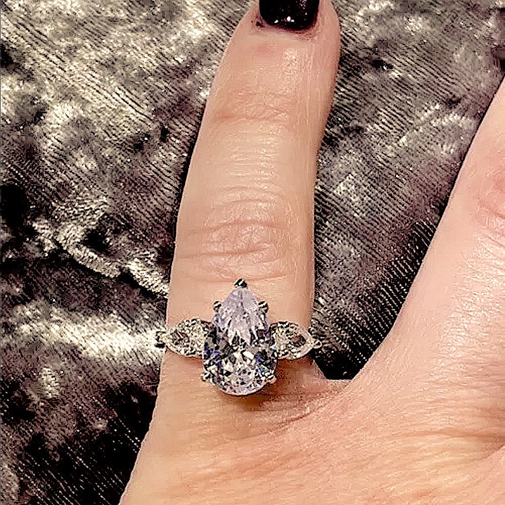 3ctw Pear Three Stone Ring in Sterling Silver White Sapphire - Picture 9 of 12